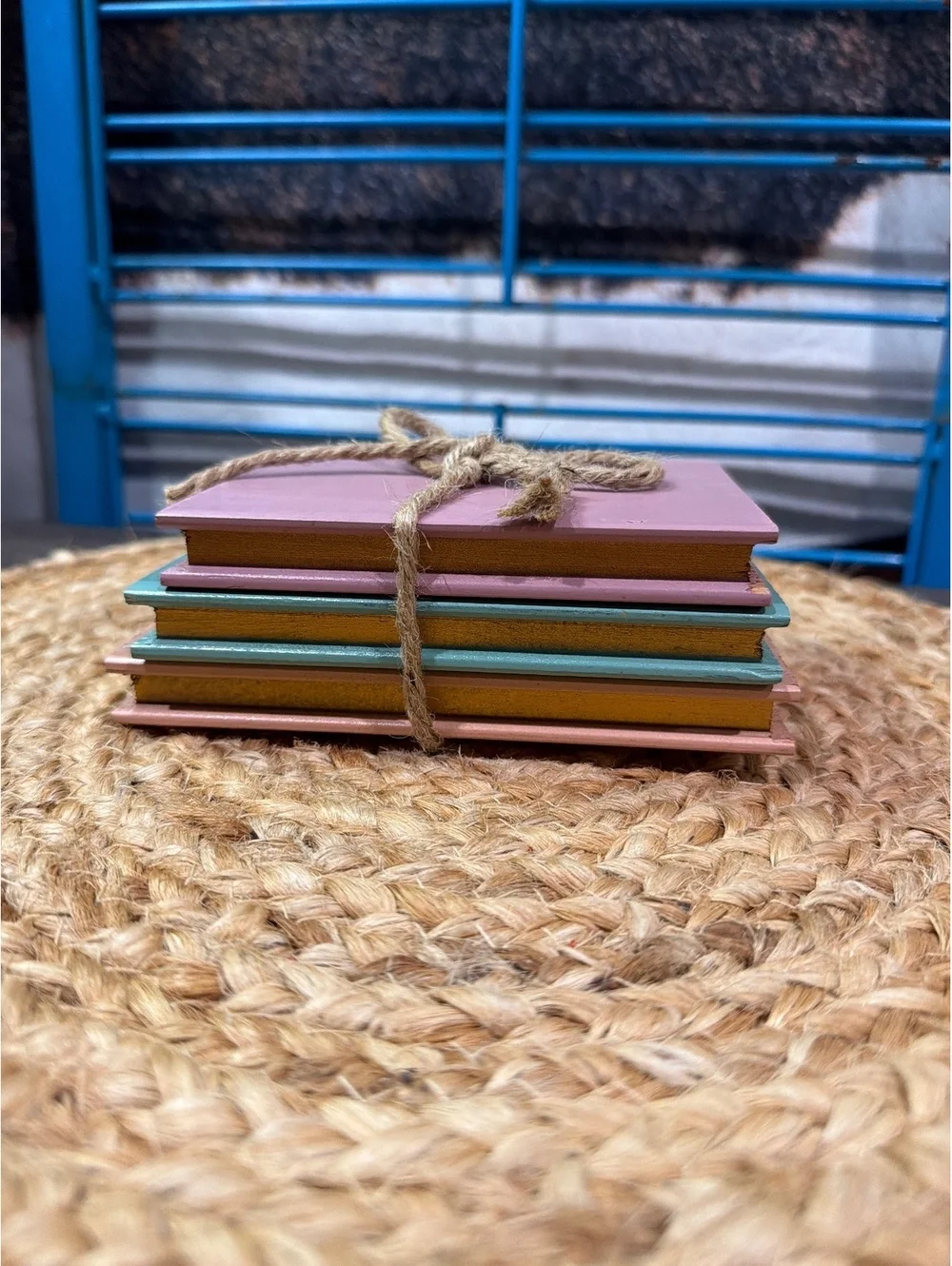 Set of 3 Decorative Wooden Books with Rope Tie in Pastel Colors